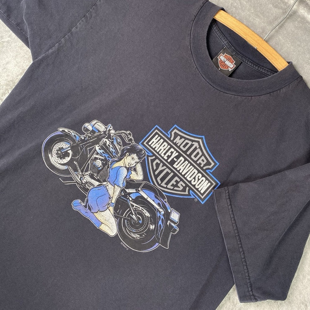 Vintage Harley Davidson Pinup Girl Shirt Mens L (fits M) Black Motorcycle Y2K